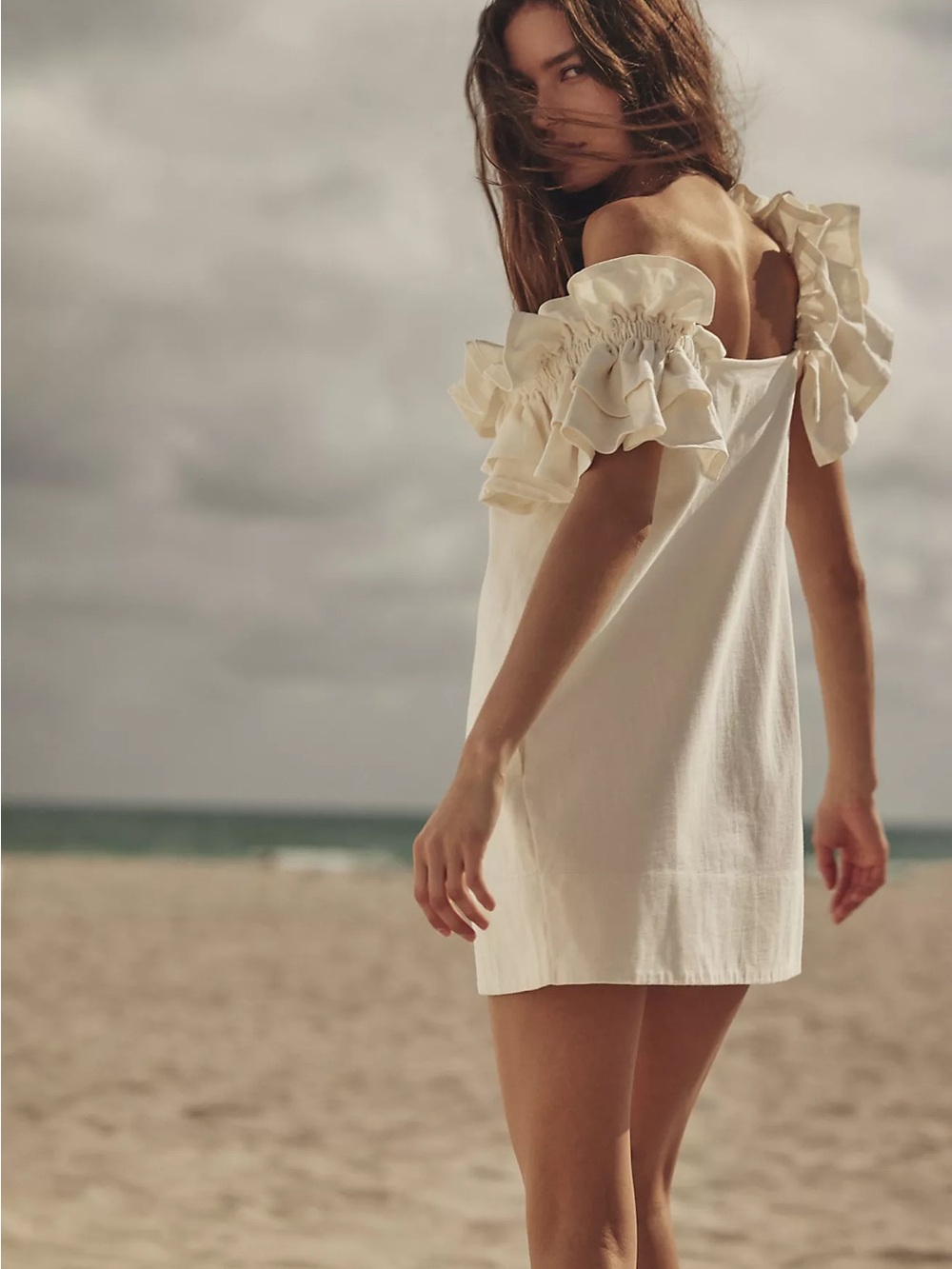 Free People Cream Ruffle-Shoulder Mini Dress - Picture 2 of 12